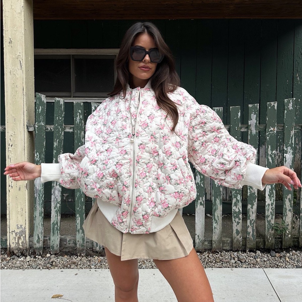 Nwt Romantic Floral Quilted Bomber Jacket Puff Sleeve Coquette Cottagecore